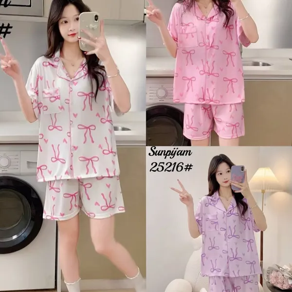 Conjunto de pijama para dama, 2 piezas, manga corta con short, estampado de moños y corazones