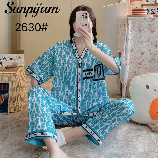 Conjunto de pijama de satín para dama, manga corta con pantalón, estampado de letras color azul