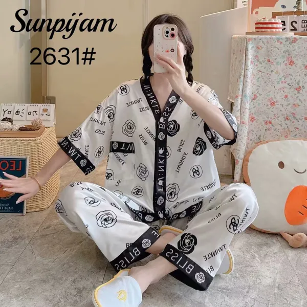 Conjunto de pijama de satín para dama, manga corta con pantalón, estampado de rosas color blanco