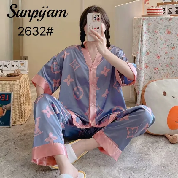 Conjunto de pijama de satín para dama, manga corta con pantalón, estampado floral color azul