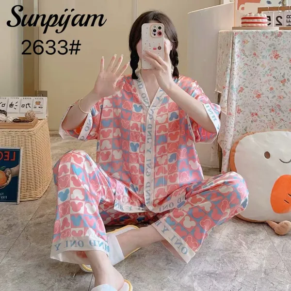 Conjunto de pijama de satín para dama, manga corta con pantalón, estampado de caricatura color rosa