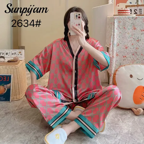 Conjunto de pijama de satín para dama, manga corta con pantalón, estampado geométrico color coral