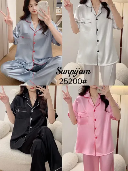 Conjunto de pijama de seda sintética para dama, manga corta con pantalón, color liso