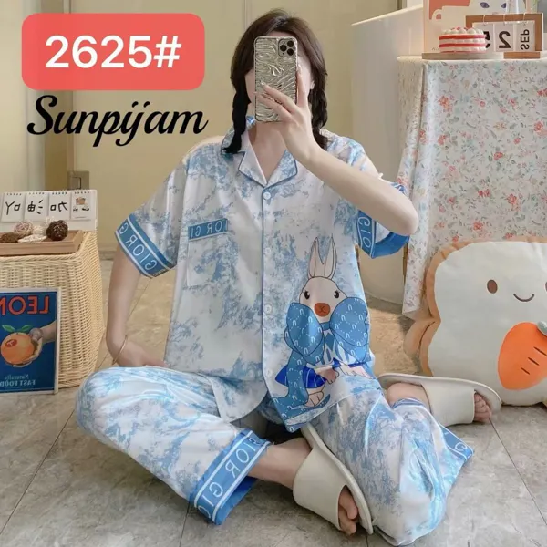 Conjunto de pijama de satín para dama, manga corta con pantalón, estampado de conejito color azul