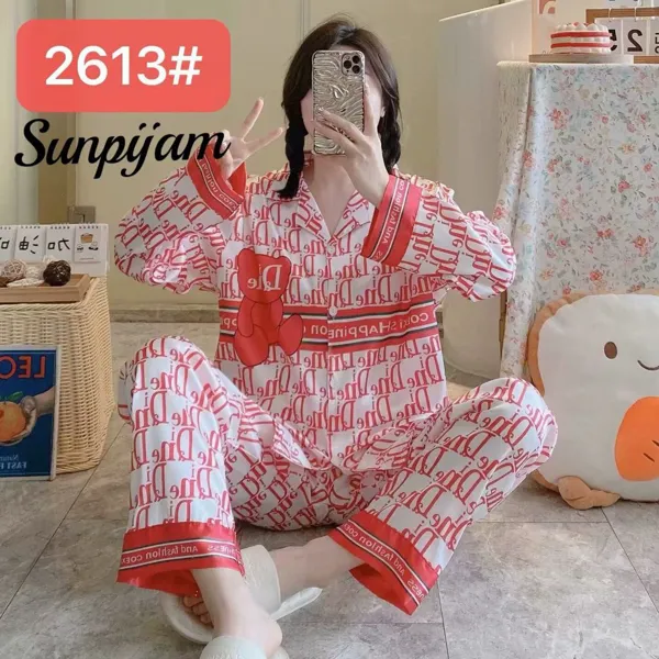 Conjunto de pijama de satín para dama, manga larga con pantalón, estampado de letras color rojo