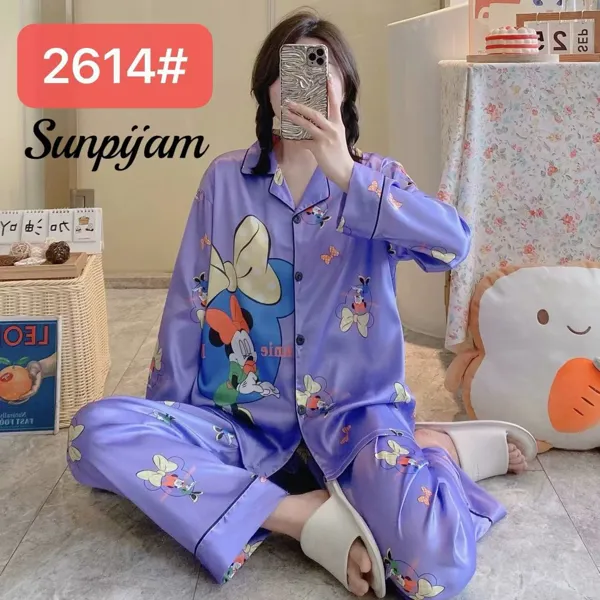 Conjunto de pijama de satín para dama, manga larga con pantalón, estampado de caricatura color morado