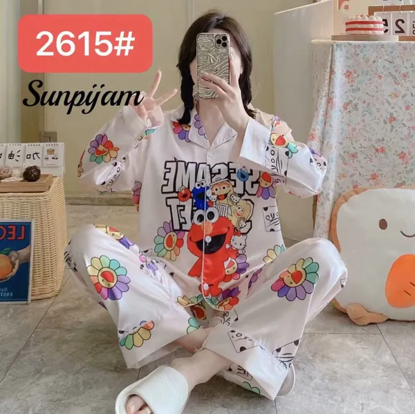 Conjunto de pijama de satín para dama, manga larga con pantalón, estampado de caricatura color blanco
