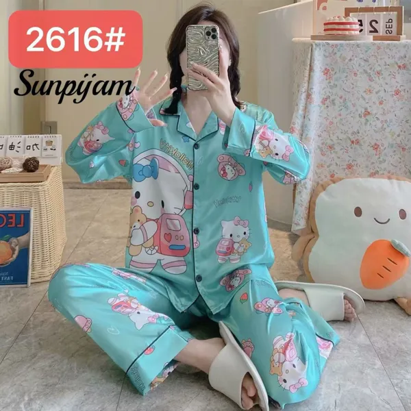 Conjunto de pijama de satín para dama, manga larga con pantalón, estampado de caricatura color verde agua