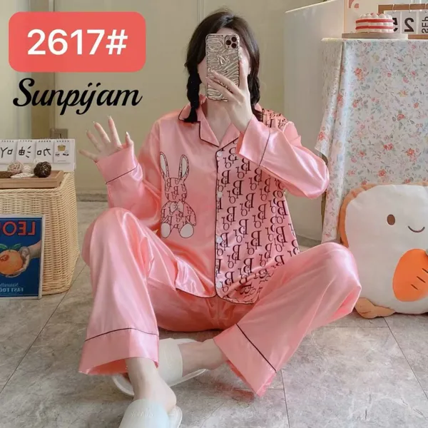 Conjunto de pijama de satín para dama, manga larga con pantalón, estampado de conejito color rosa