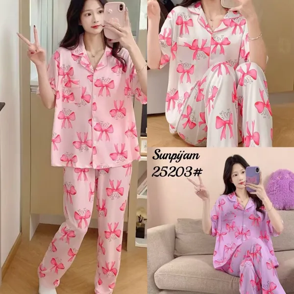 Conjunto de pijama para dama, manga corta con pantalón, estampado de moños color rosa