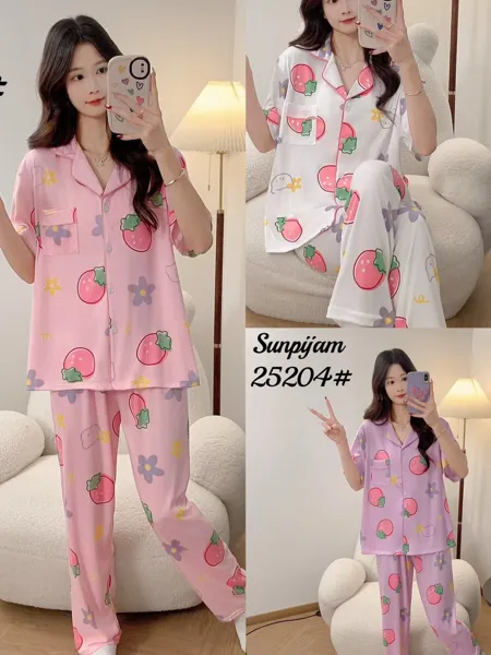 Conjunto de pijama de manga corta para dama, 2 piezas, camisa abotonada con pantalón largo, estampado de fresas y flores color rosa