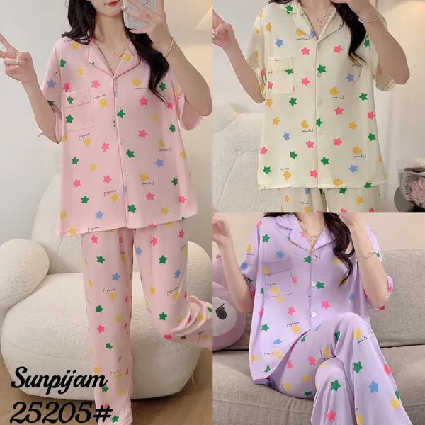 Conjunto de pijama de manga corta para dama, 2 piezas, camisa abotonada con pantalón largo, estampado de estrellas de colores