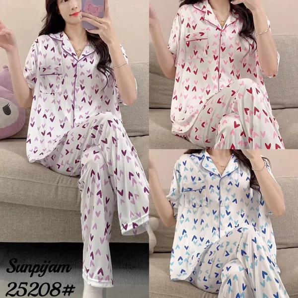 Conjunto de pijama de manga corta para dama, 2 piezas, camisa abotonada con pantalón largo, estampado de corazones