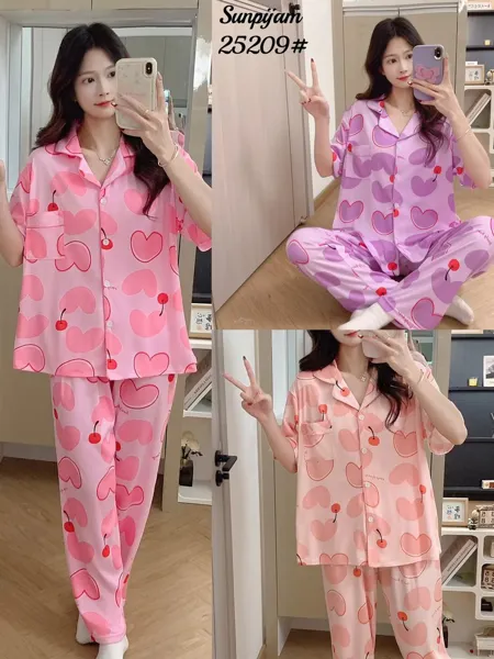Conjunto de pijama de manga corta para dama, 2 piezas, camisa abotonada con pantalón largo, estampado de corazones y cerezas color rosa