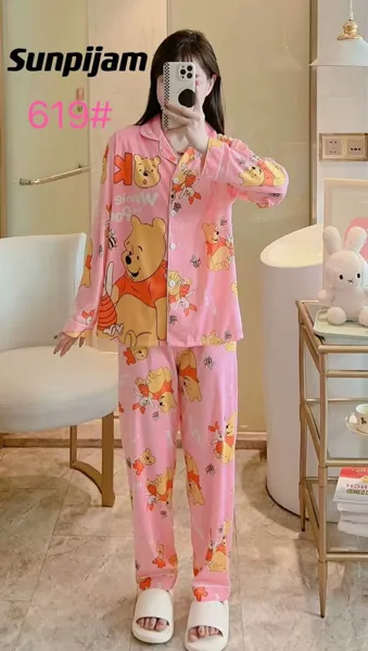 Conjunto de pijama de manga larga para dama, 2 piezas, camisa abotonada con pantalón, estampado de caricatura de osito color rosa