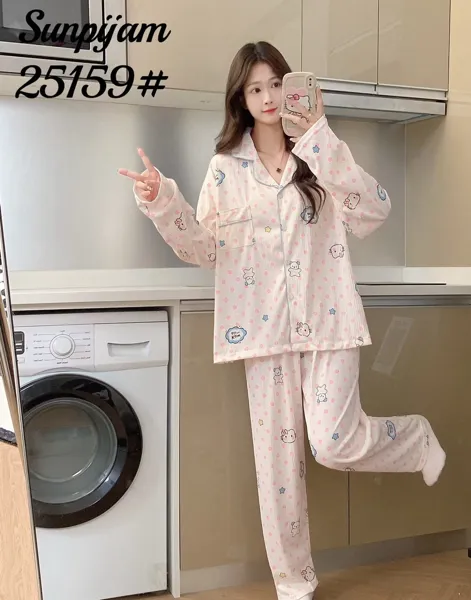 Conjunto de pijama de manga larga para dama, 2 piezas, camisa abotonada con pantalón, estampado de caricatura con puntos color rosa