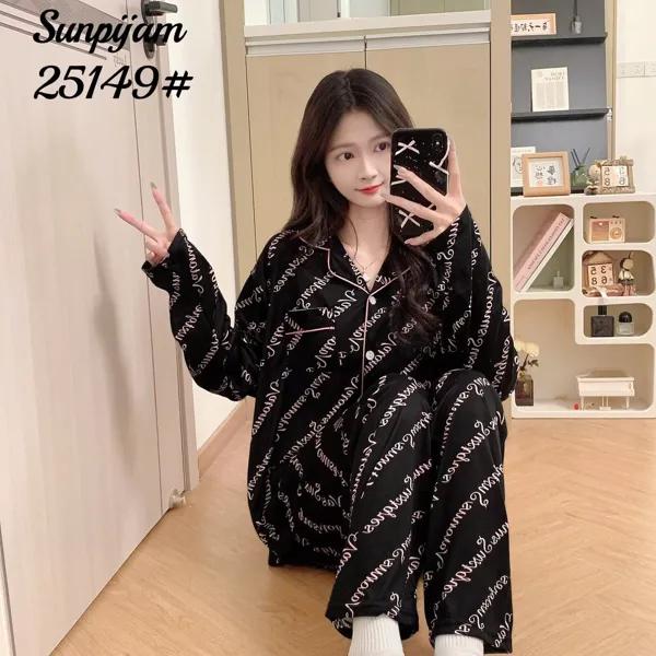 Conjunto de pijama de manga larga para dama, 2 piezas, camisa abotonada con pantalón, estampado de letras color negro