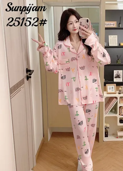 Conjunto de pijama de manga larga para dama, 2 piezas, camisa abotonada con pantalón, estampado de caricatura color rosa
