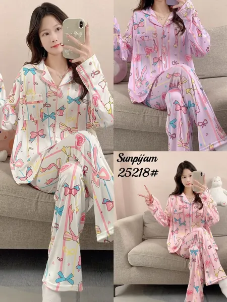 Conjunto de pijama de manga larga para dama, 2 piezas, camisa abotonada con pantalón, estampado de moños y caricatura color rosa