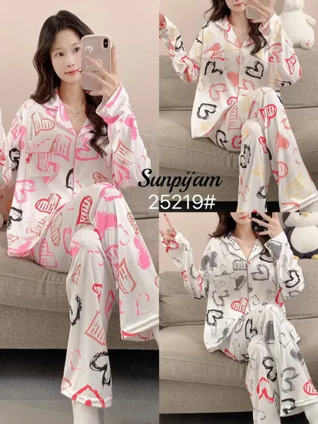 Conjunto de pijama de manga larga para dama, 2 piezas, camisa abotonada con pantalón, estampado de corazones