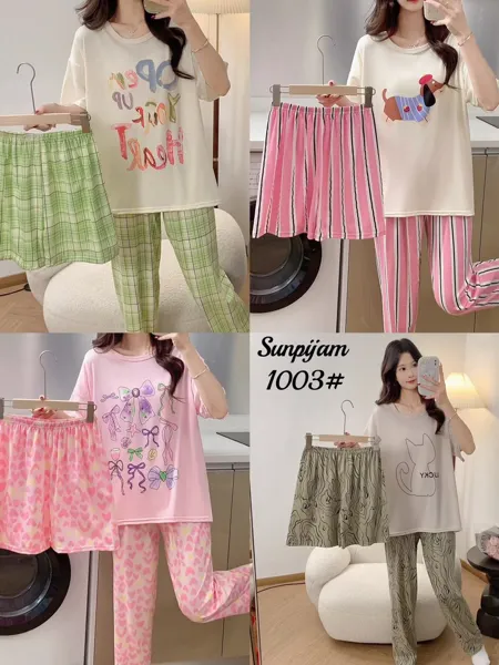 Conjunto de pijama para dama, 3 piezas, playera manga corta con short y pantalón, estampado de caricatura