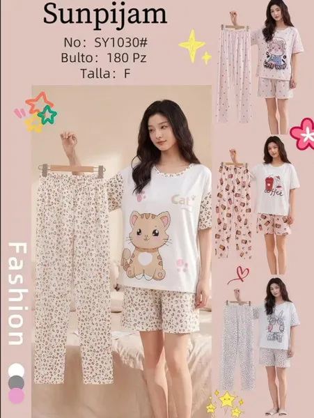 Conjunto de pijama para dama, 3 piezas, con camiseta manga corta, short y pantalón, estampado de gatito color beige