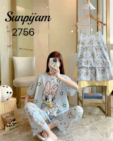 Conjunto de pijama para dama, 4 piezas, con camisola de tirantes, estampado de caricatura de patito color azul cielo