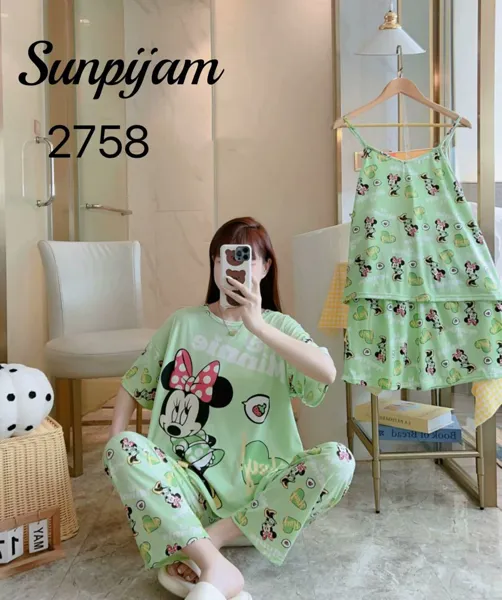 Conjunto de pijama para dama, 4 piezas, con camisola de tirantes, estampado de caricatura color verde