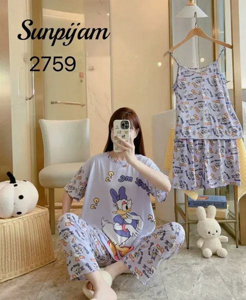 Conjunto de pijama para dama, 4 piezas, con camisola de tirantes, estampado de caricatura de patito color lila