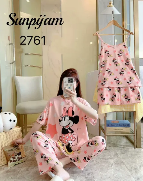 Conjunto de pijama para dama, 4 piezas, con camisola de tirantes, estampado de caricatura con estrellas color rosa