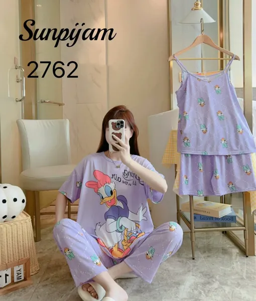 Conjunto de pijama para dama, 4 piezas, con camisola de tirantes, estampado de caricatura de patito color lila