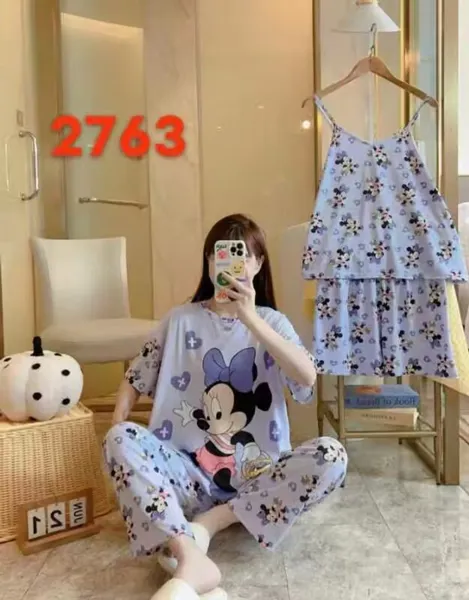 Conjunto de pijama para dama, 4 piezas, con camisola de tirantes, estampado de caricatura color lila