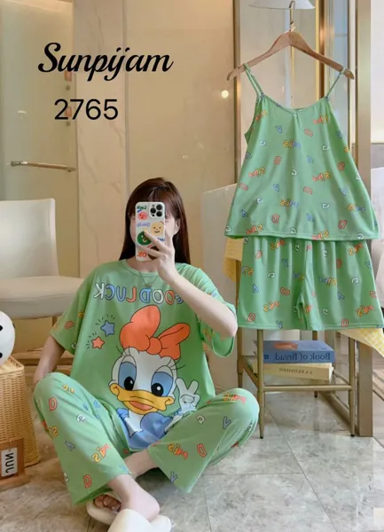Conjunto de pijama para dama, 4 piezas, con camisola de tirantes, estampado de caricatura de patito color verde
