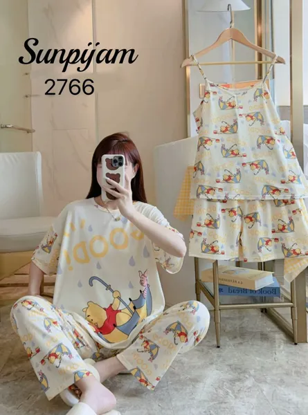 Conjunto de pijama para dama, 4 piezas, con camisola de tirantes, estampado de caricatura de ositos color crema
