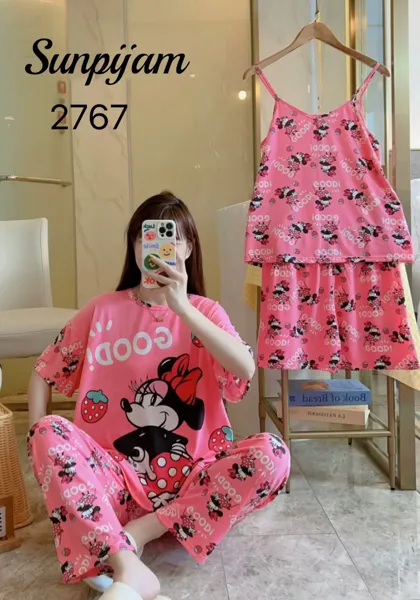 Conjunto de pijama para dama, 4 piezas, con camisola de tirantes, estampado de caricatura con fresas color rosa