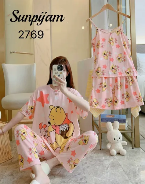 Conjunto de pijama para dama, 4 piezas, con camisola de tirantes, estampado de caricatura de ositos color rosa