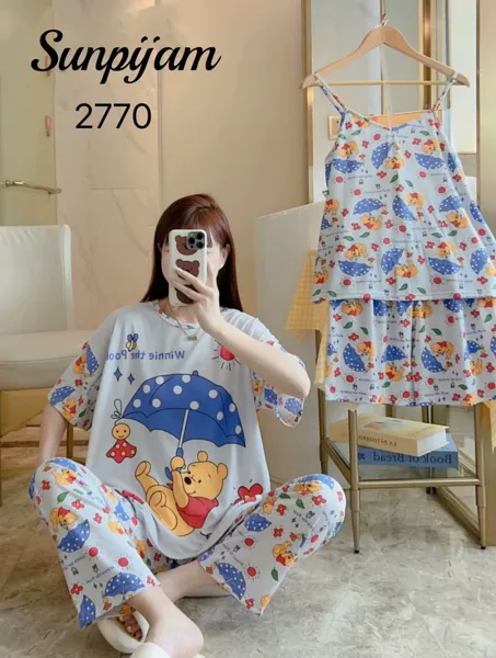 Conjunto de pijama para dama, 4 piezas, con camisola de tirantes, estampado de caricatura de ositos color celeste