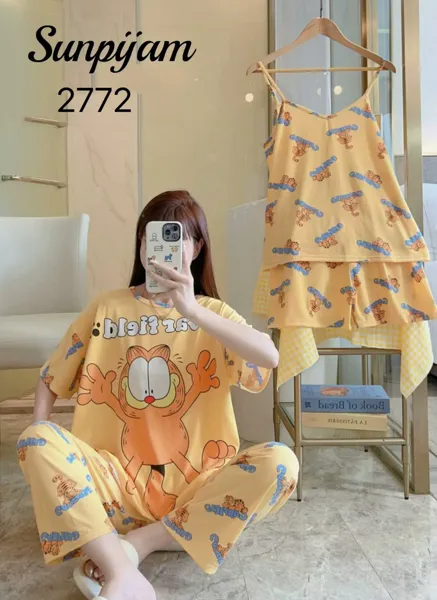 Conjunto de pijama para dama, 4 piezas, con camisola de tirantes y pantalón, estampado de caricatura color amarillo
