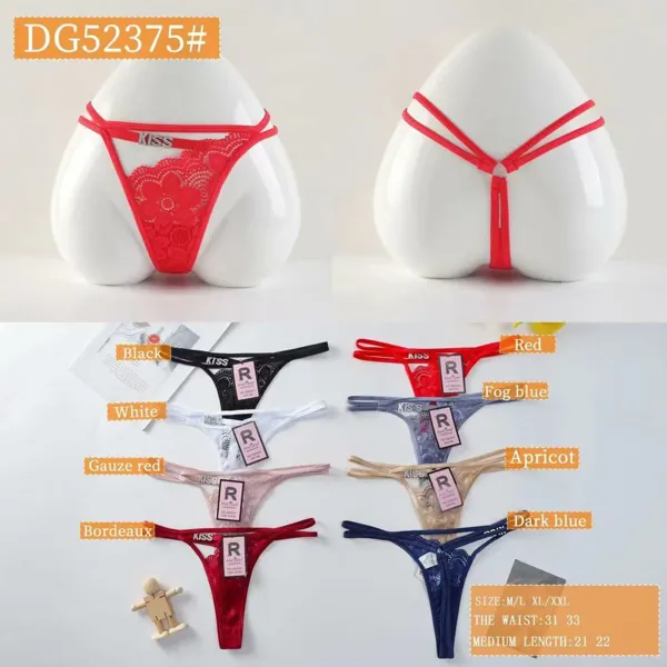 Tanga de encaje floral para dama con tiras y pedrería, colores surtidos