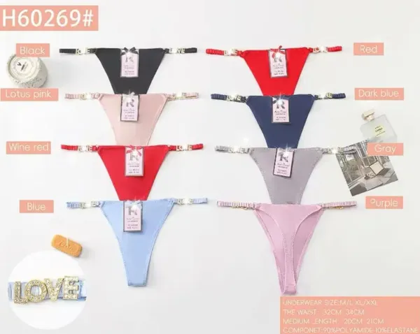 Tanga para dama de microfibra con letras de pedrería, colores surtidos