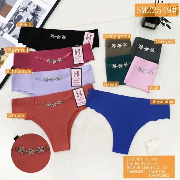 Calzón bikini sin costuras para dama con aplique de estrellas, colores surtidos