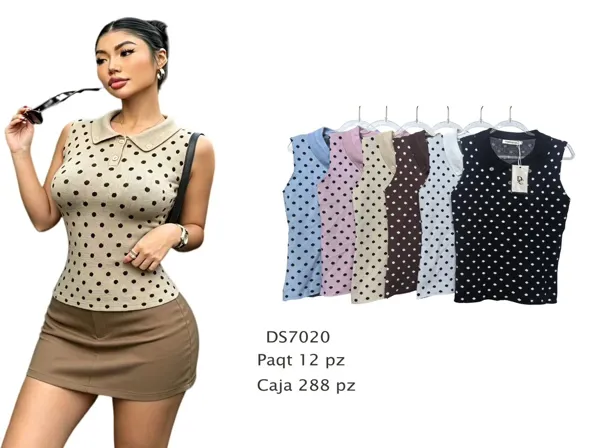Blusa sin mangas con cuello tipo polo y estampado de puntos