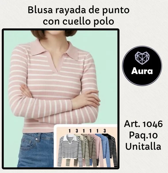 Blusa rayada de punto con cuello polo