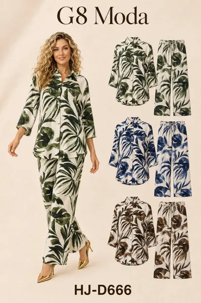 Conjunto de camisa y pantalón estampado tropical