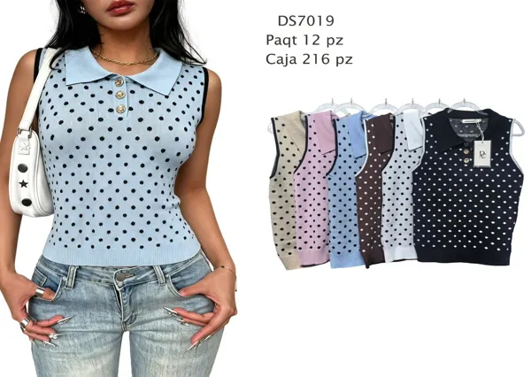 Chaleco de punto tipo polo con estampado de puntos