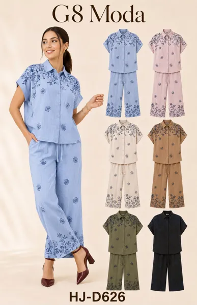 Conjunto de blusa con bordado floral y pantalón
