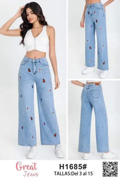 Jeans holgados con bordado de ositos