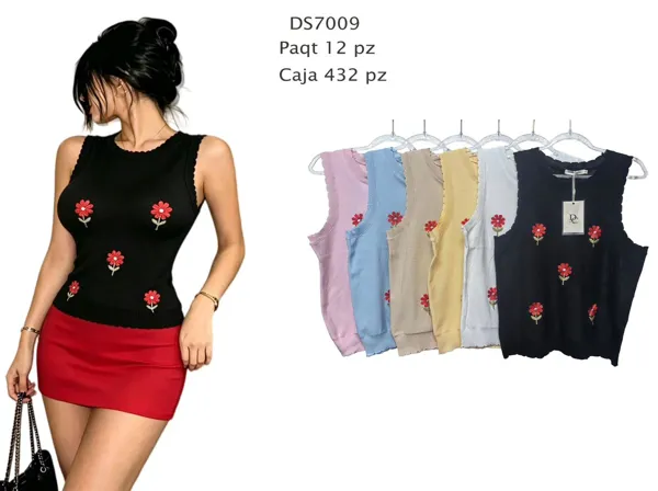 Blusa tejida sin mangas con bordado de flores