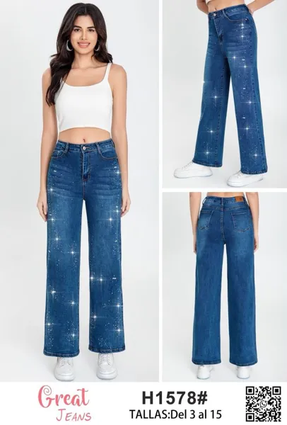 Jeans corte recto con detalle de brillos