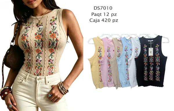 Blusa tejida sin mangas con bordado floral